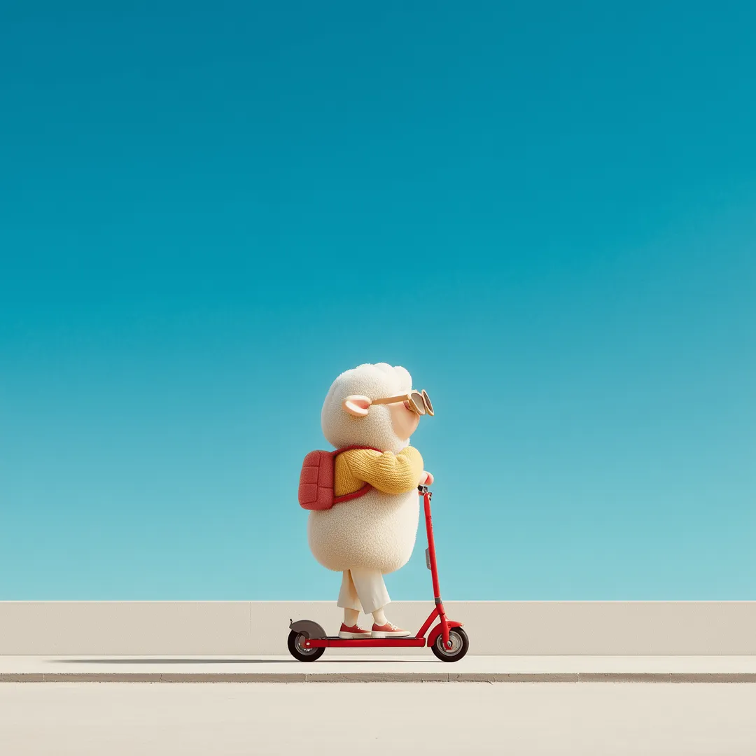 An illustrated sheep in a cap riding an electric scooter — the SailSheep mascot